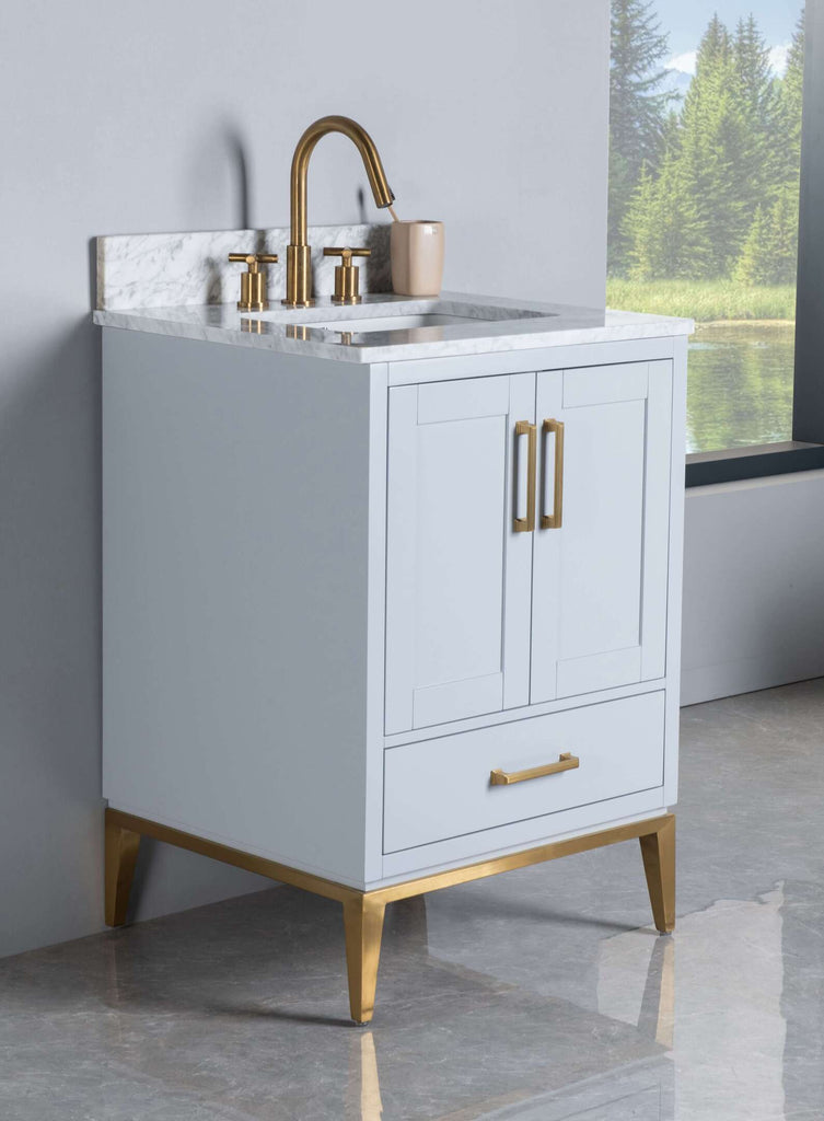 Rubeza 600mm Anatolia Vanity Unit with Carrara Marble Top - Light Grey & Gold