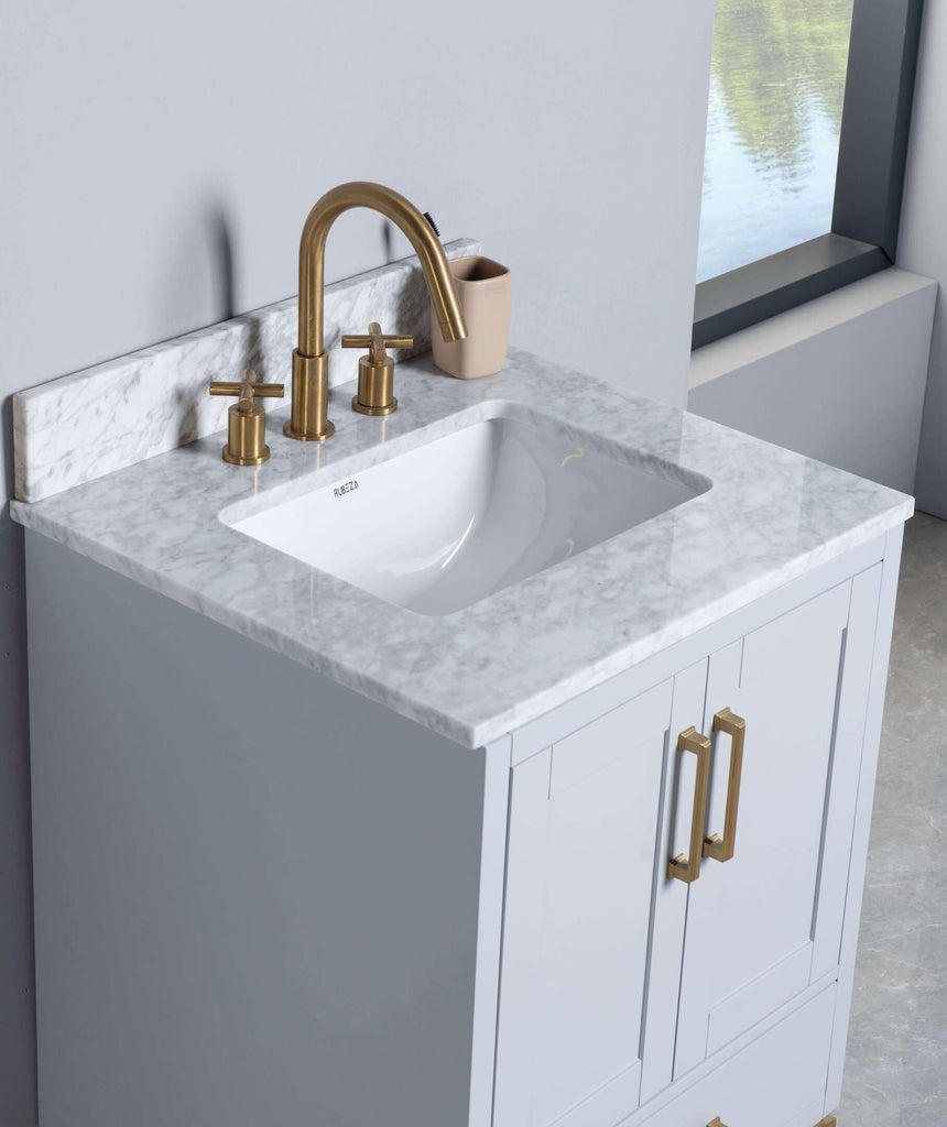 Rubeza 600mm Anatolia Vanity Unit with Carrara Marble Top - Light Grey & Gold