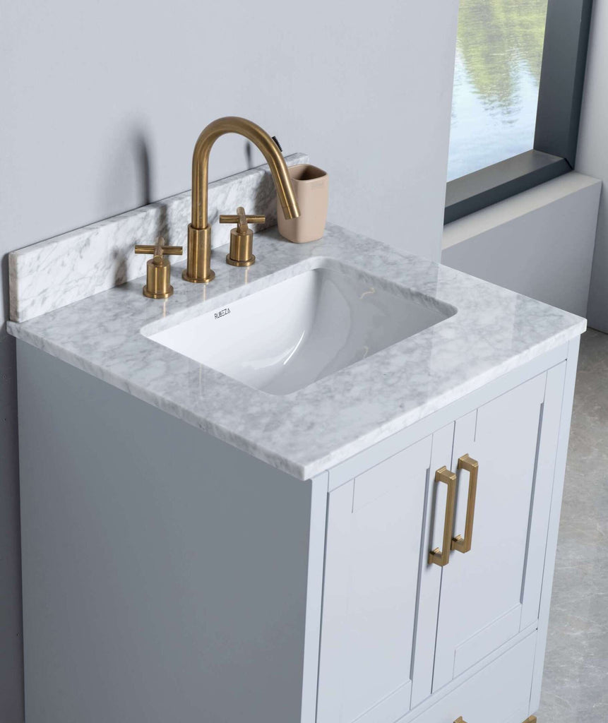 Rubeza 750mm Anatolia Vanity Unit with Carrara Marble Top - Light Grey & Gold