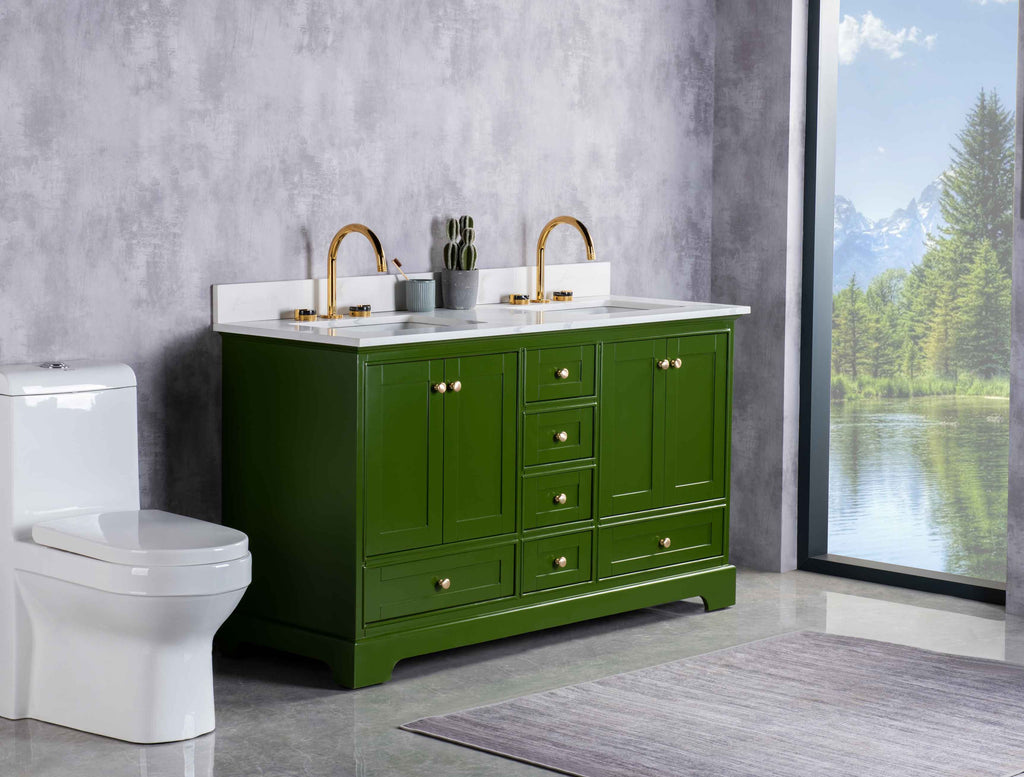 Rubeza 1500mm Charleston Vanity Unit with Calacatta Quartz Top - Grass Green & Gold