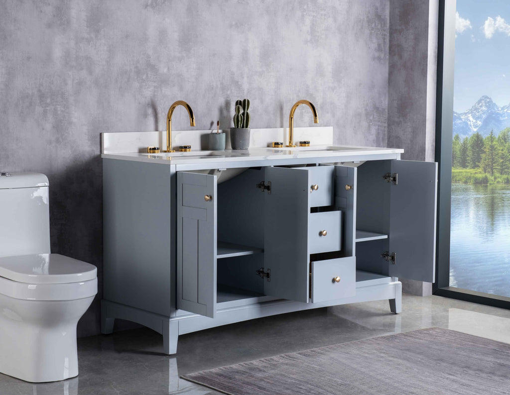 Rubeza 1500mm Pergamum Vanity Unit with Calacatta Quartz Top - Light Grey & Gold