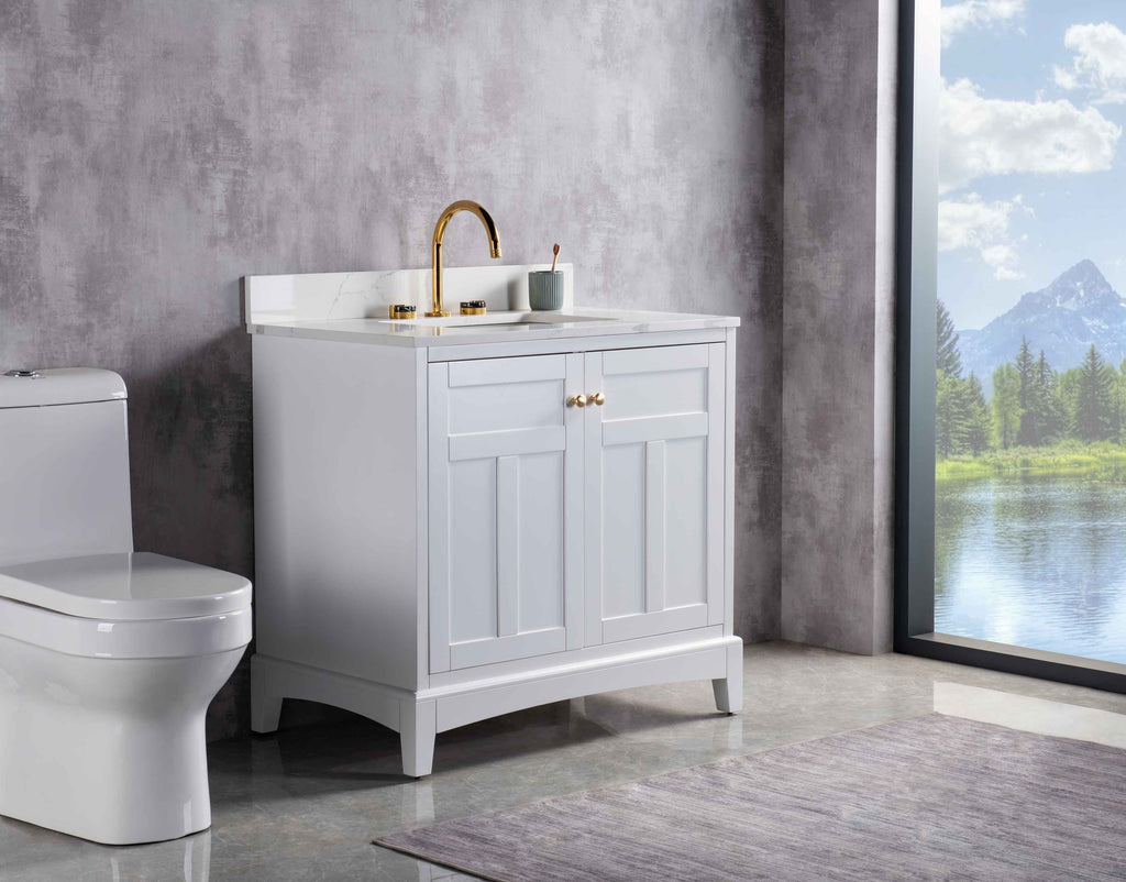 Rubeza 900mm Pergamum Vanity Unit with Calacatta Quartz Top - White & Gold