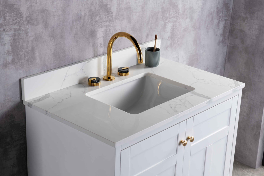 Rubeza 900mm Pergamum Vanity Unit with Calacatta Quartz Top - White & Gold