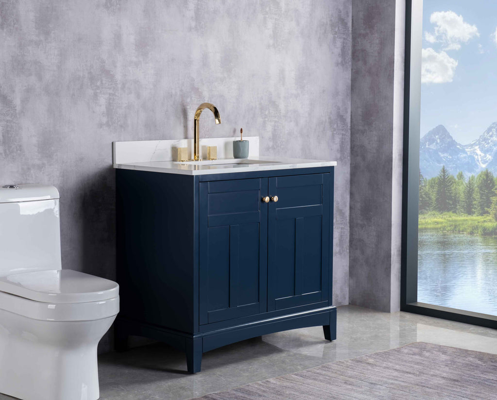 Rubeza 900mm Pergamum Vanity Unit with Calacatta Quartz Top - Dark Blue & Gold