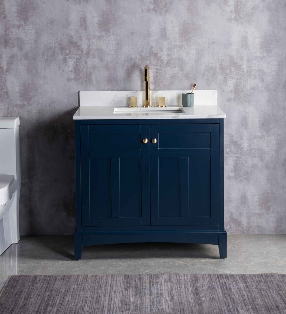 Rubeza 900mm Pergamum Vanity Unit with Calacatta Quartz Top - Dark Blue & Gold