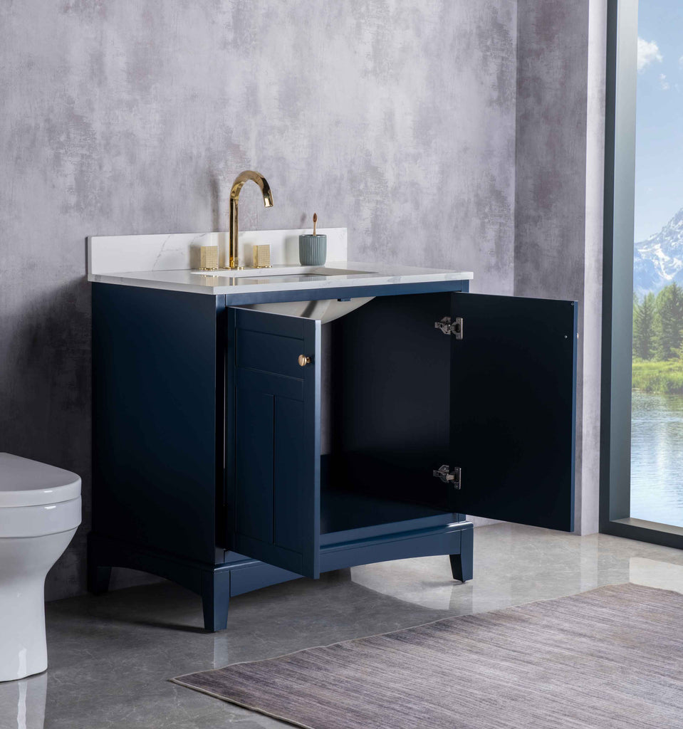 Rubeza 900mm Pergamum Vanity Unit with Calacatta Quartz Top - Dark Blue & Gold