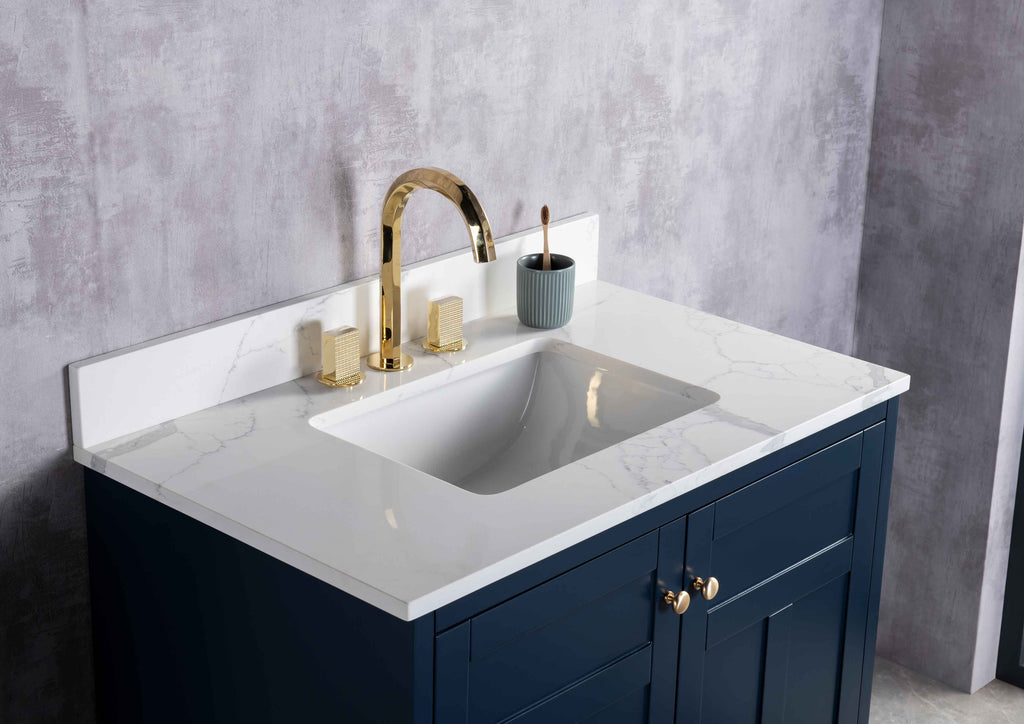 Rubeza 900mm Pergamum Vanity Unit with Calacatta Quartz Top - Dark Blue & Gold