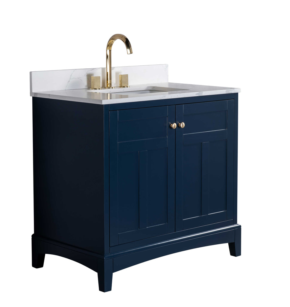 Rubeza 900mm Pergamum Vanity Unit with Calacatta Quartz Top - Dark Blue & Gold