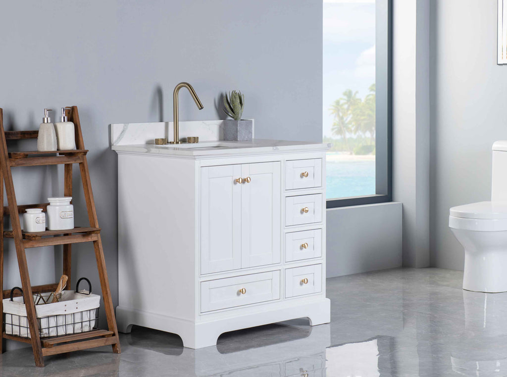 Rubeza 900mm Charleston Vanity Unit with Calacatta Quartz Top - White & Gold