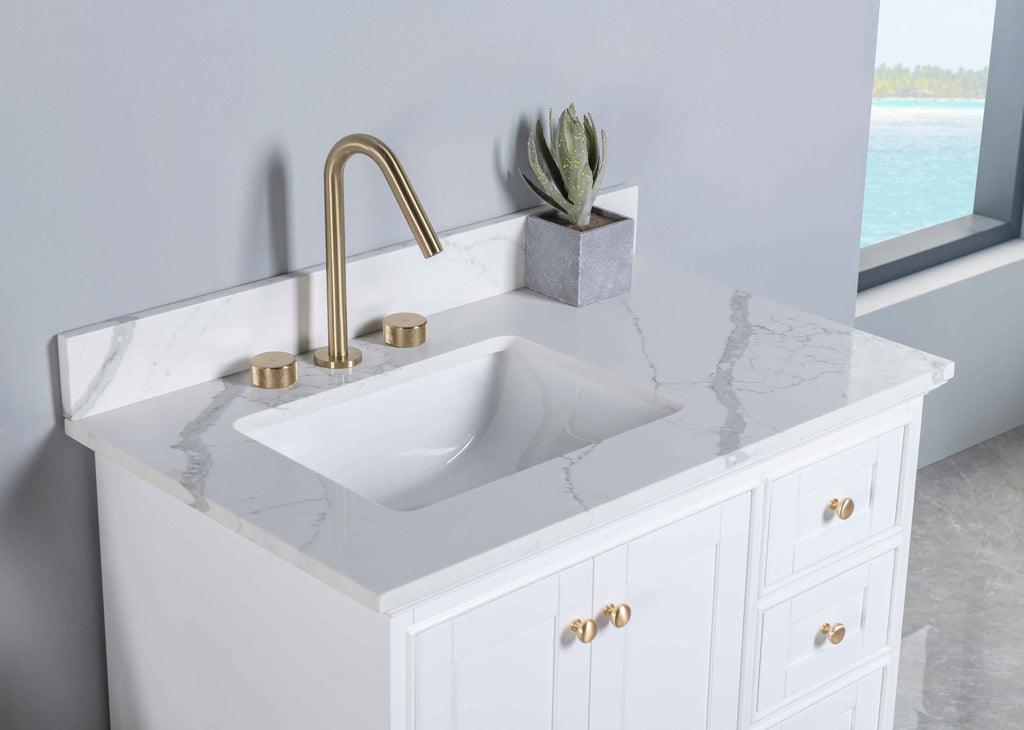 Rubeza 900mm Charleston Vanity Unit with Calacatta Quartz Top - White & Gold