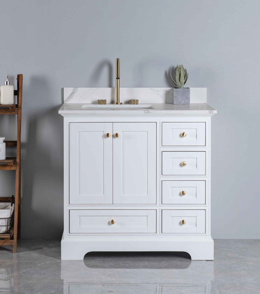 Rubeza 900mm Charleston Vanity Unit with Calacatta Quartz Top - White & Gold