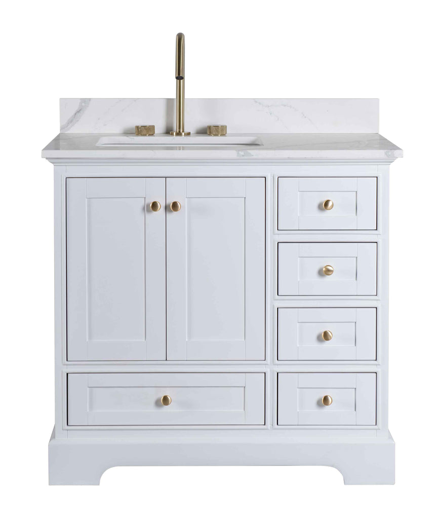 Rubeza 900mm Charleston Vanity Unit with Calacatta Quartz Top - White & Gold