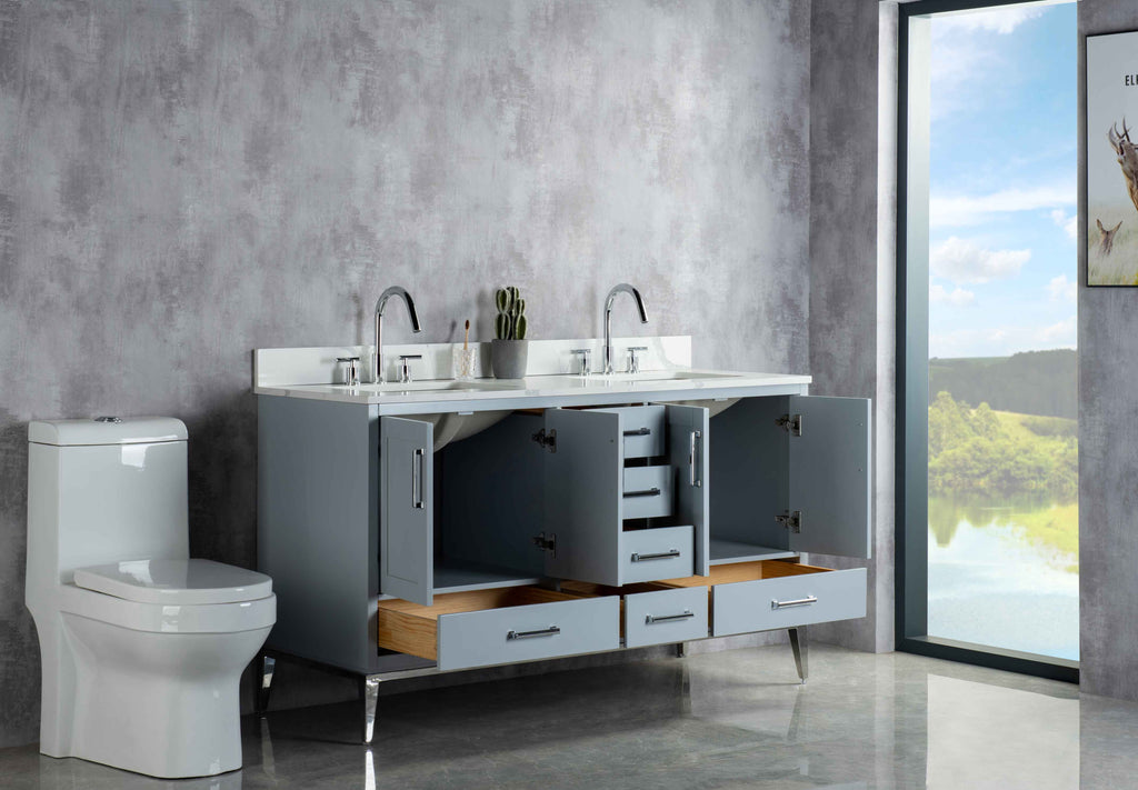 Rubeza 1500mm Anatolia Vanity Unit with Calacatta Quartz Top - Light Grey & Chrome