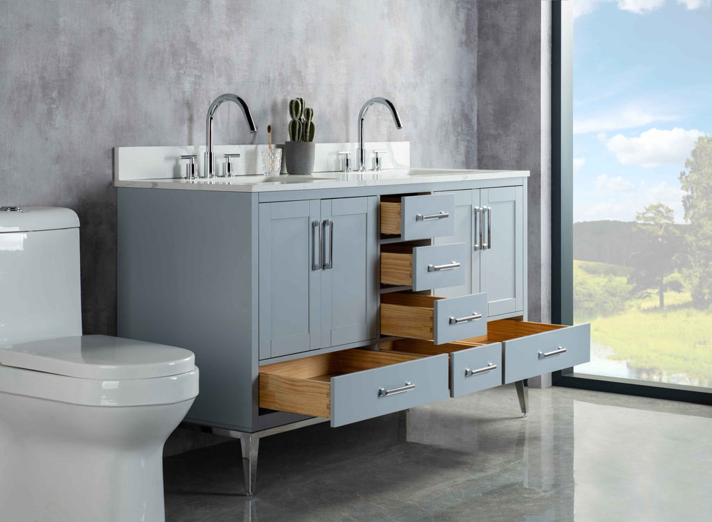 Rubeza 1500mm Anatolia Vanity Unit with Calacatta Quartz Top - Light Grey & Chrome