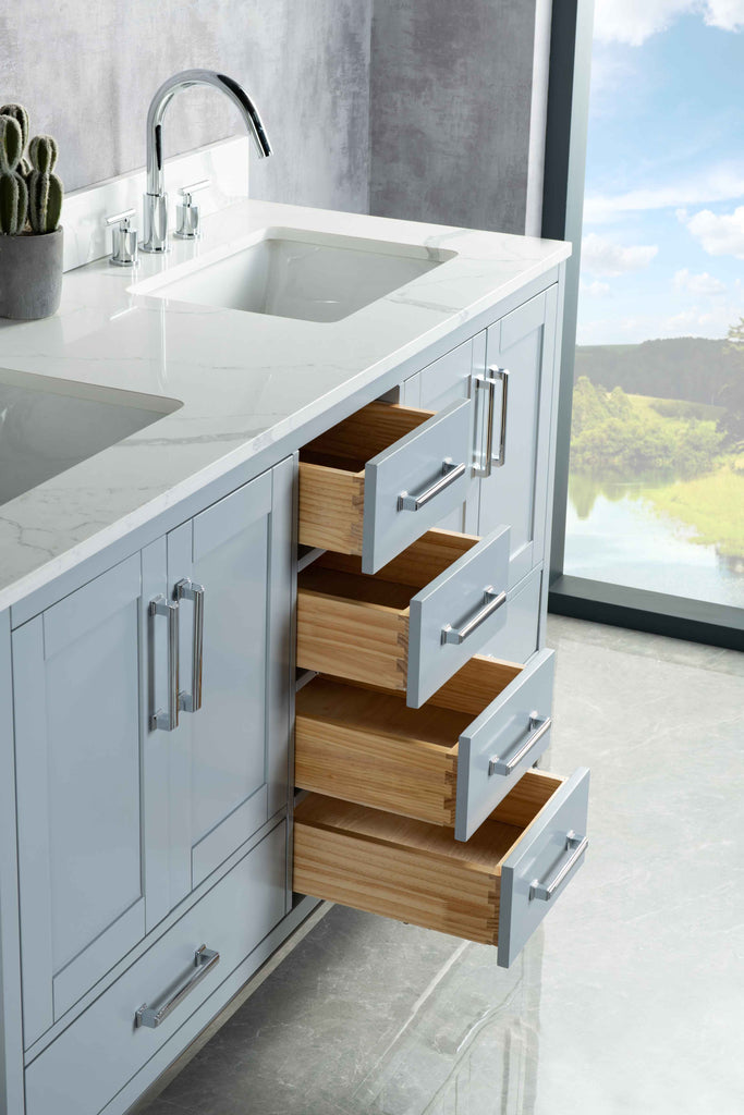 Rubeza 1500mm Anatolia Vanity Unit with Calacatta Quartz Top - Light Grey & Chrome