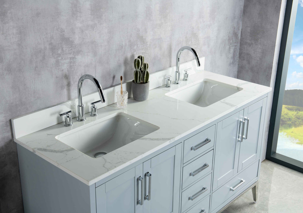 Rubeza 1500mm Anatolia Vanity Unit with Calacatta Quartz Top - Light Grey & Chrome