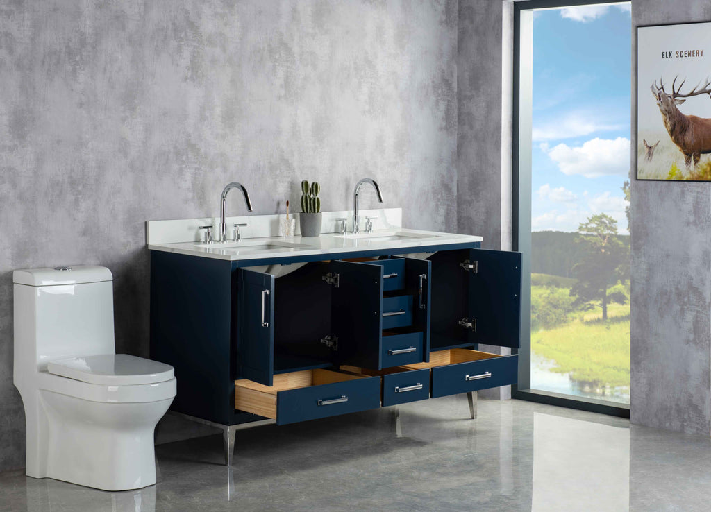 Rubeza 1500mm Anatolia Vanity Unit with Calacatta Quartz Top - Dark Blue & Chrome