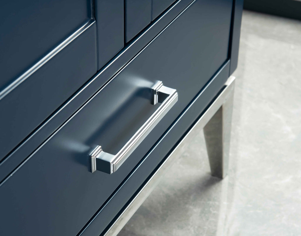 Rubeza 1500mm Anatolia Kitchen Island & Breakfast Bar with Carrara Marble Top - Dark Blue & Chrome