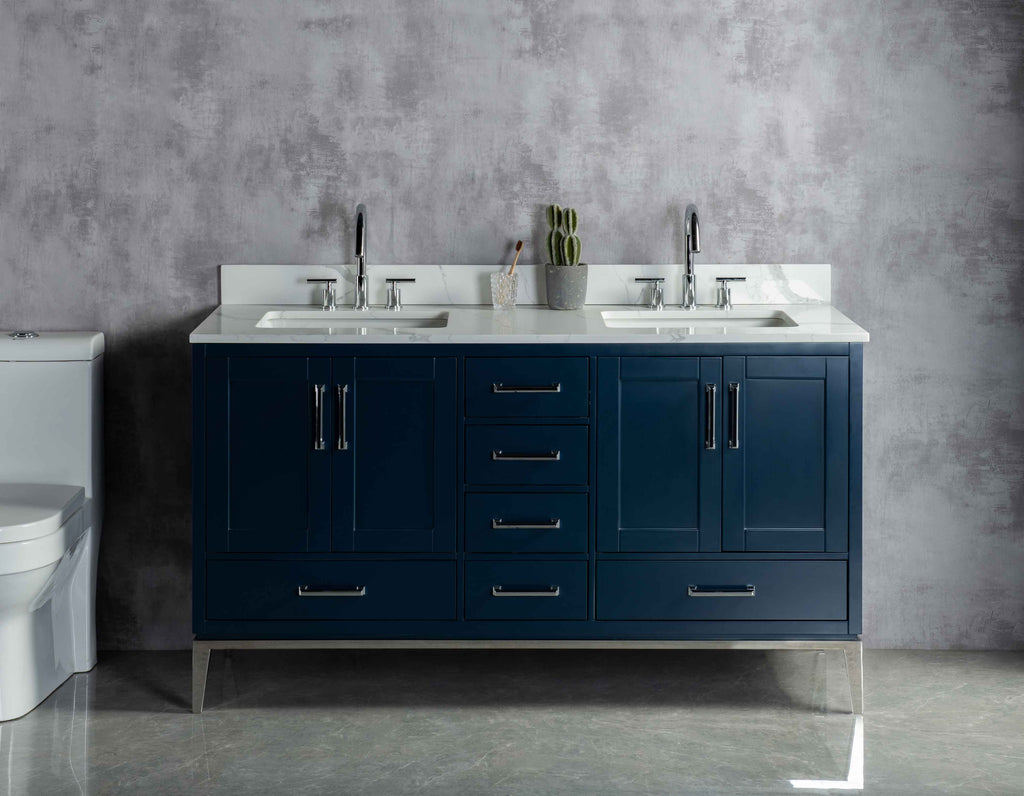 Rubeza 1500mm Anatolia Vanity Unit with Calacatta Quartz Top - Dark Blue & Chrome