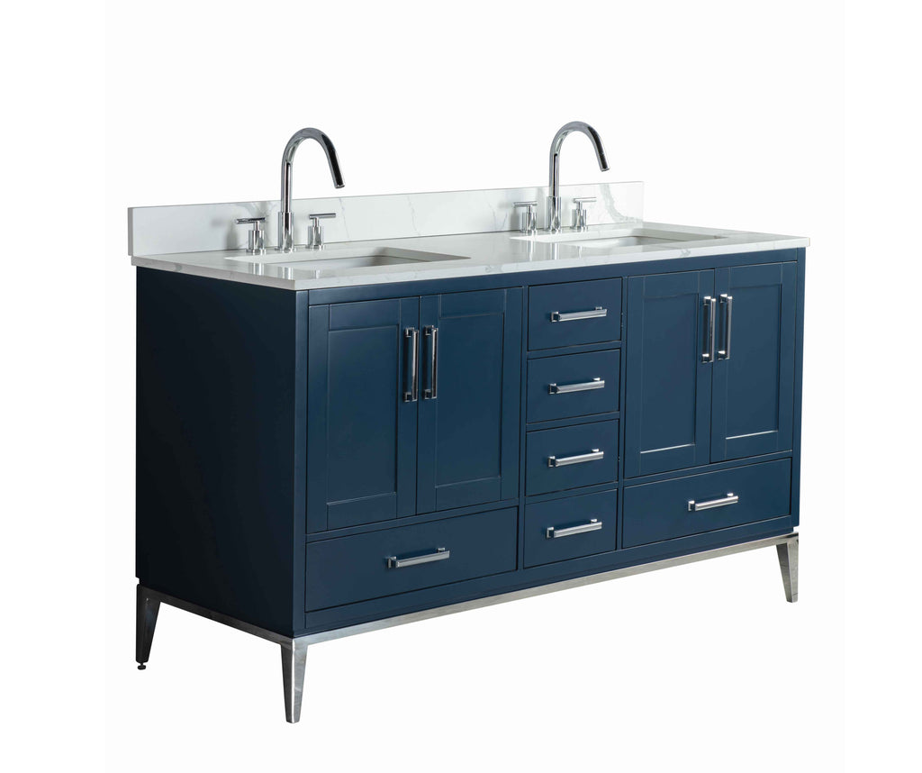 Rubeza 1500mm Anatolia Vanity Unit with Calacatta Quartz Top - Dark Blue & Chrome