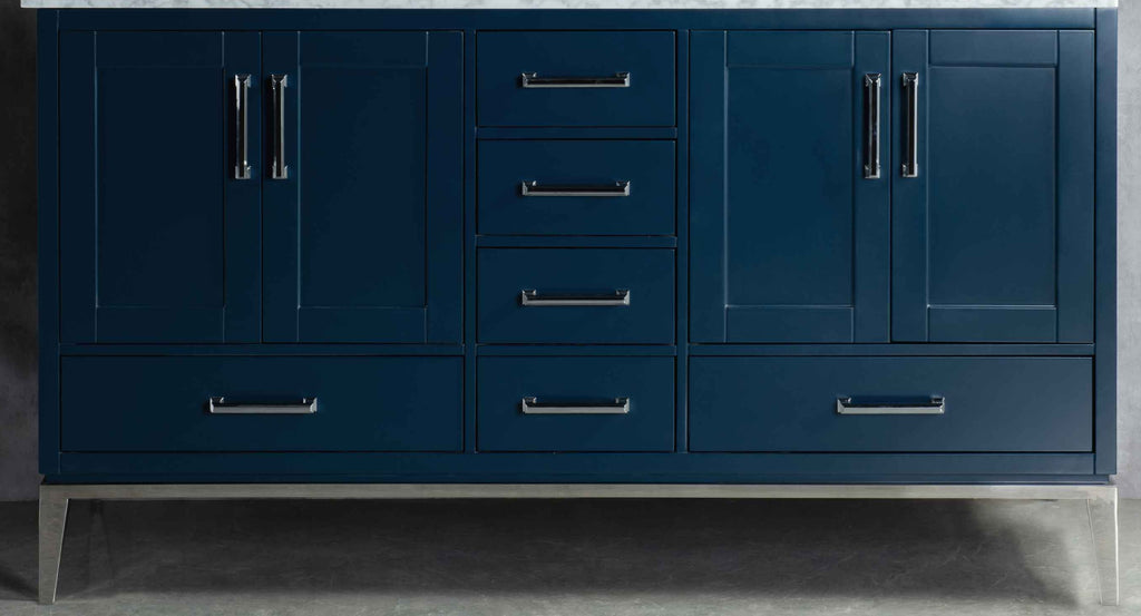 Rubeza 1500mm Anatolia Kitchen Island & Breakfast Bar with Carrara Marble Top - Dark Blue & Chrome