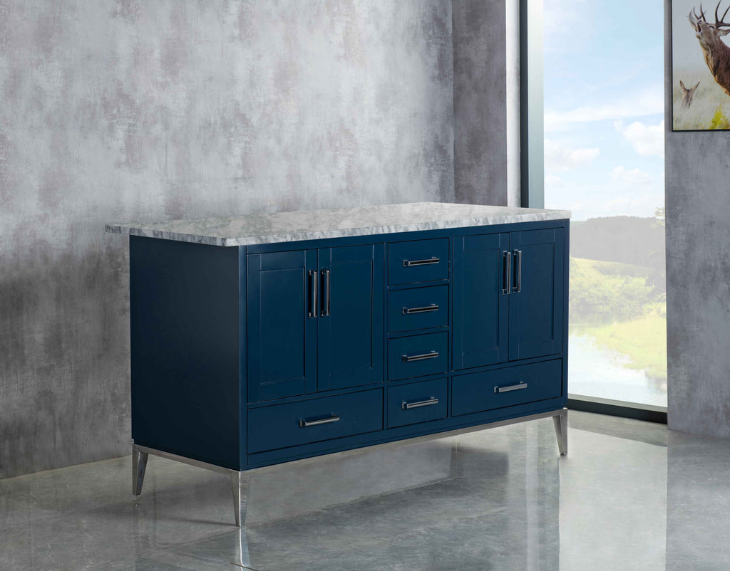 Rubeza 1500mm Anatolia Kitchen Island with Carrara Marble Top - Dark Blue & Chrome