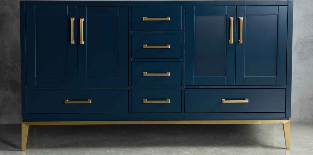 Rubeza 1500mm Anatolia Kitchen Island & Breakfast Bar with Carrara Marble Top - Dark Blue & Gold