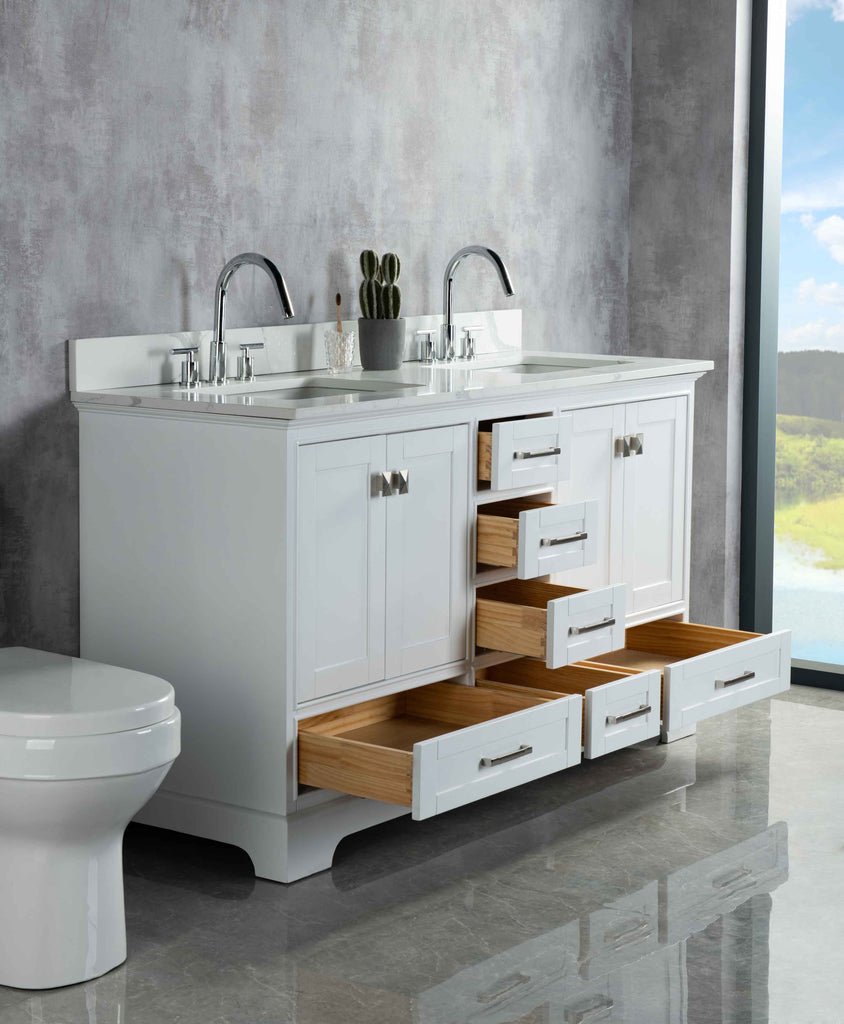 Rubeza 1500mm Charleston Vanity Unit with Calacatta Quartz Top - White & Chrome