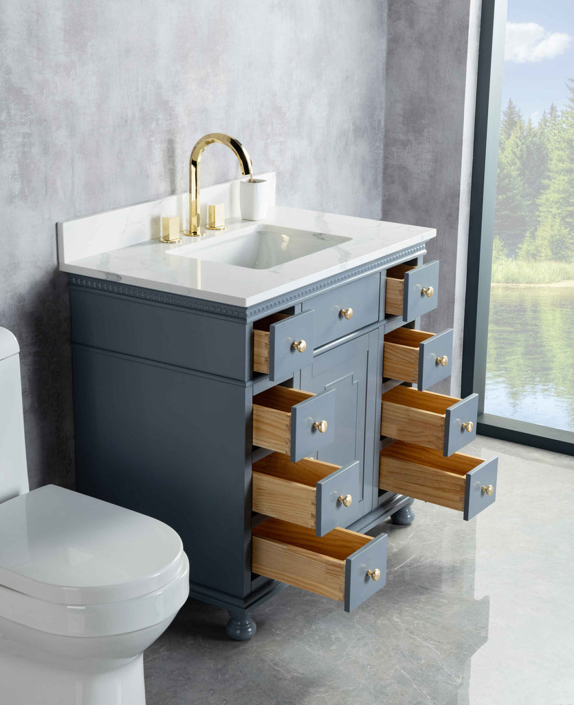 Rubeza 900mm Didim Vanity Unit with Calacatta Quartz Top - Dark Grey & Gold