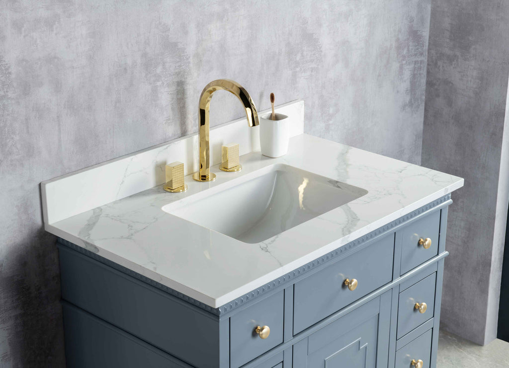 Rubeza 900mm Didim Vanity Unit with Calacatta Quartz Top - Dark Grey & Gold