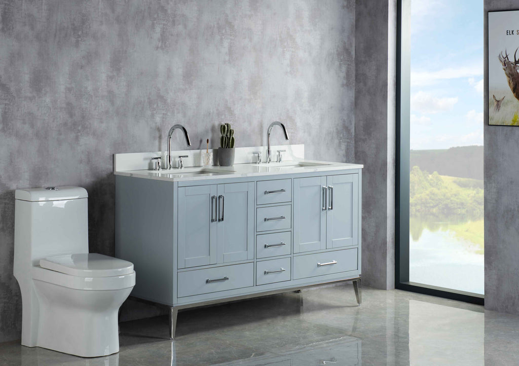 Rubeza 1500mm Anatolia Vanity Unit with Calacatta Quartz Top - Light Grey & Chrome