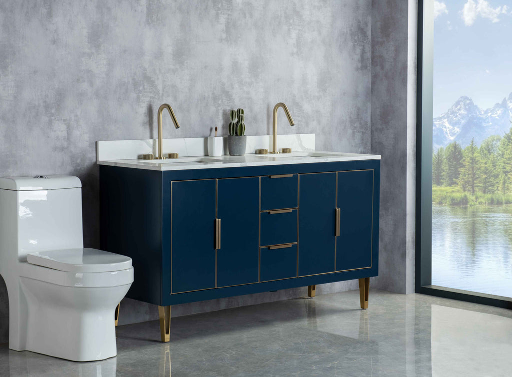 Rubeza 1500mm Dukes Vanity Unit with Calacatta Quartz Top - Dark Blue & Gold