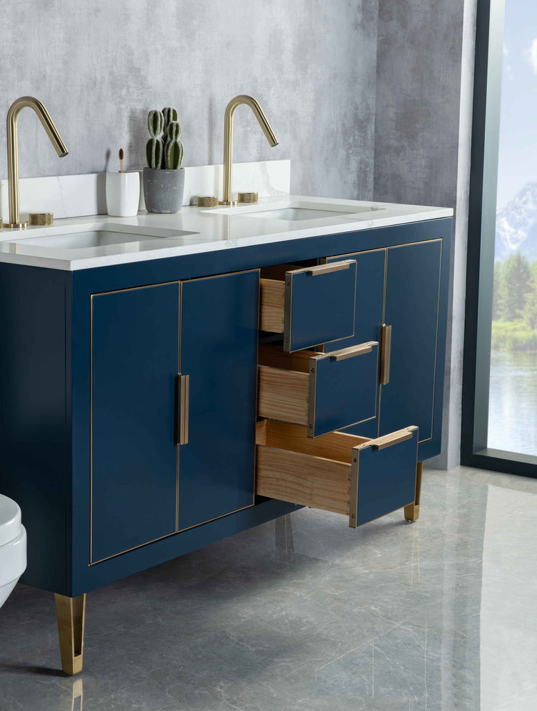 Rubeza 1500mm Dukes Vanity Unit with Calacatta Quartz Top - Dark Blue & Gold