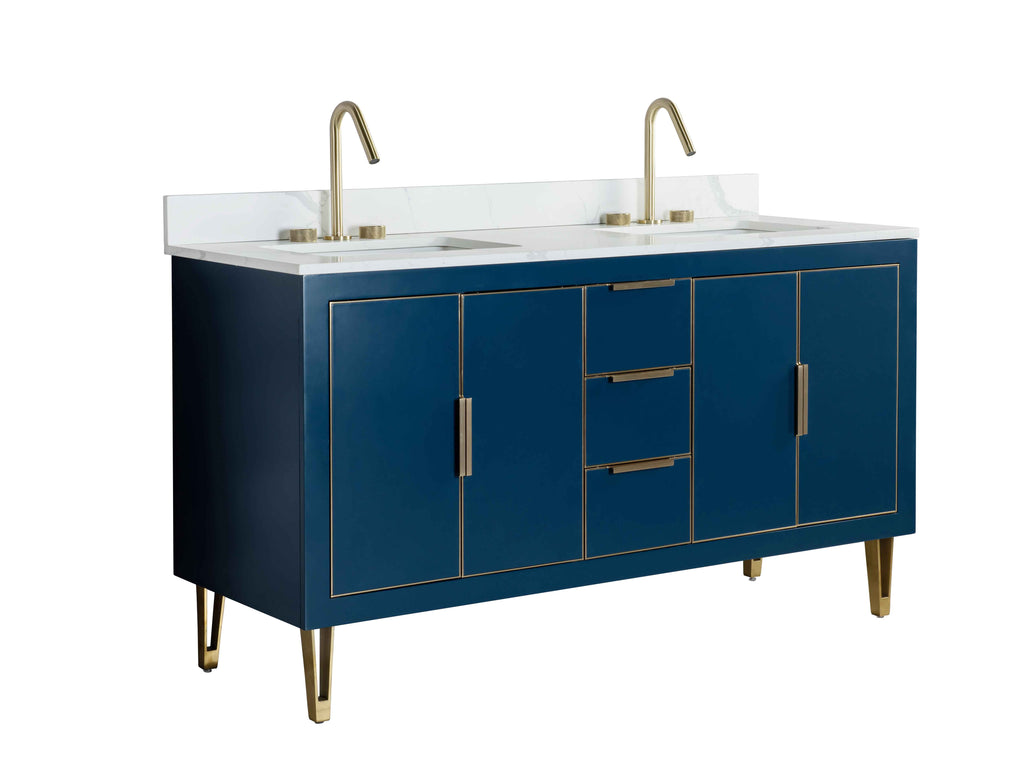 Rubeza 1500mm Dukes Vanity Unit with Calacatta Quartz Top - Dark Blue & Gold