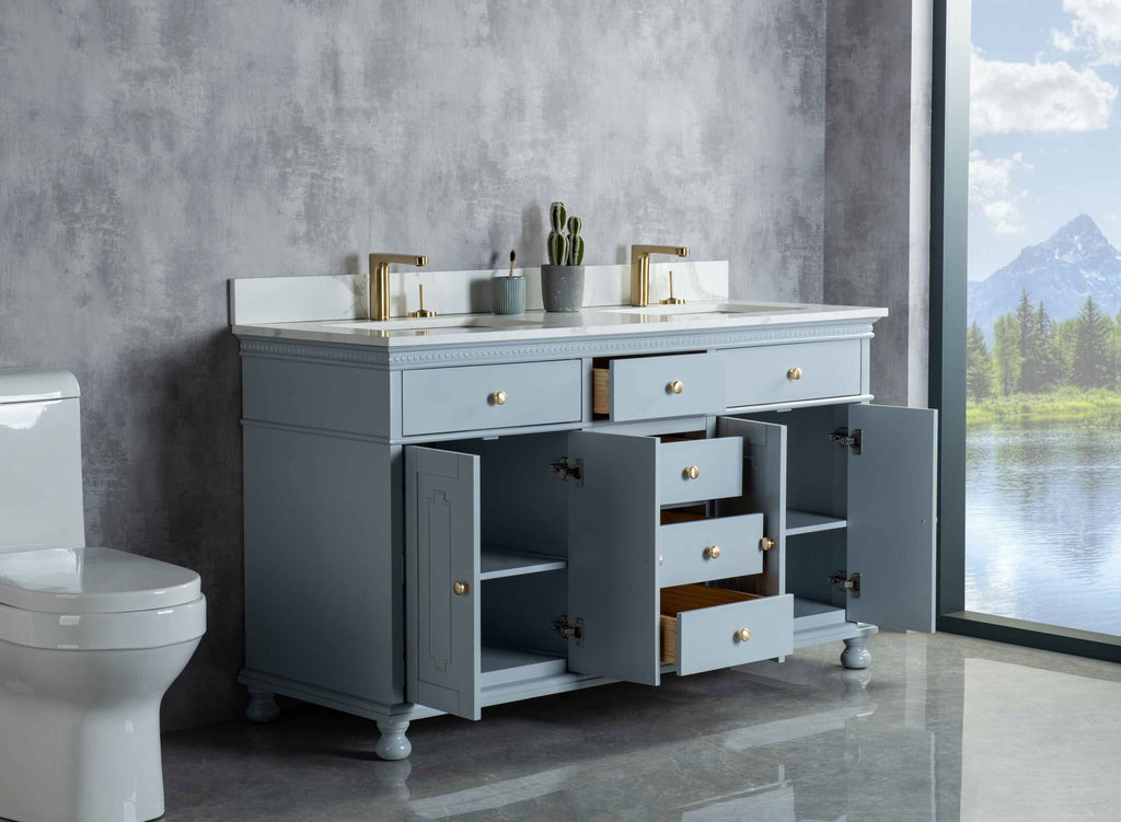 Rubeza 1500mm Didim Vanity Unit with Calacatta Quartz Top - Light Grey & Gold