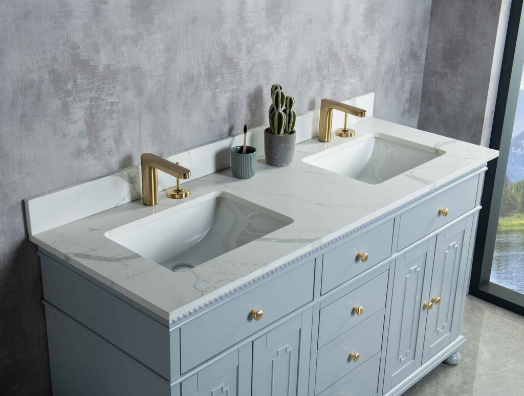 Rubeza 1500mm Didim Vanity Unit with Calacatta Quartz Top - Light Grey & Gold
