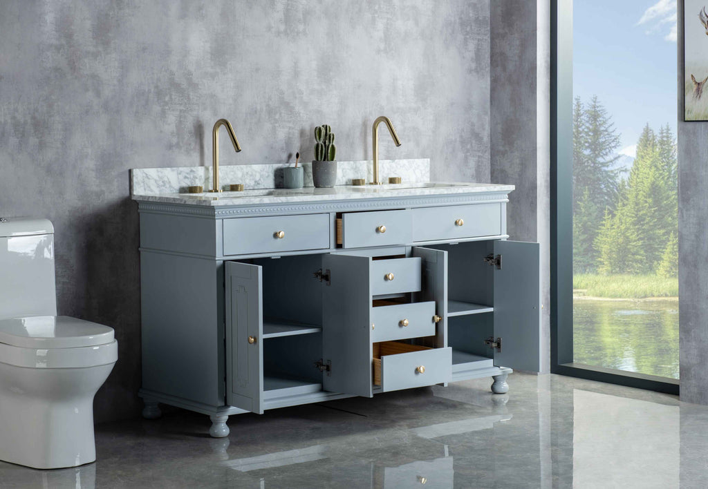 Rubeza 1500mm Didim Vanity Unit with Carrara Marble Top - Light Grey & Gold