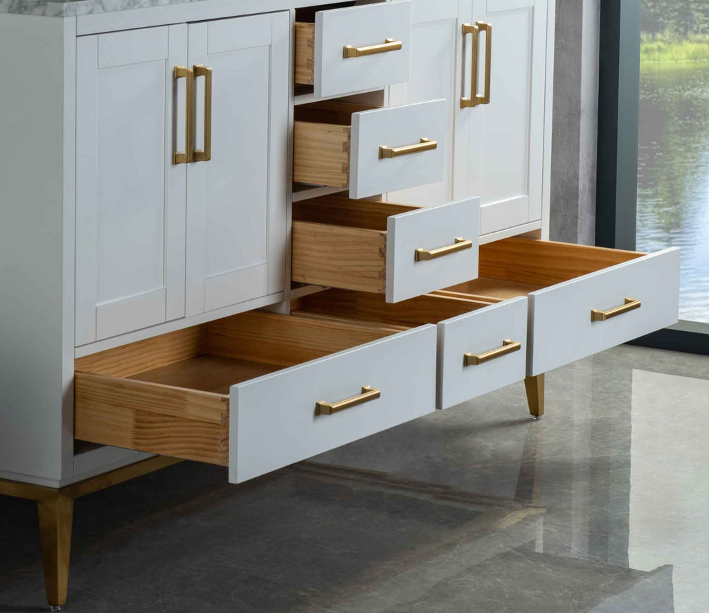 Rubeza Anatolia 1500mm Kitchen Island with Carrara Marble Top - White & Gold