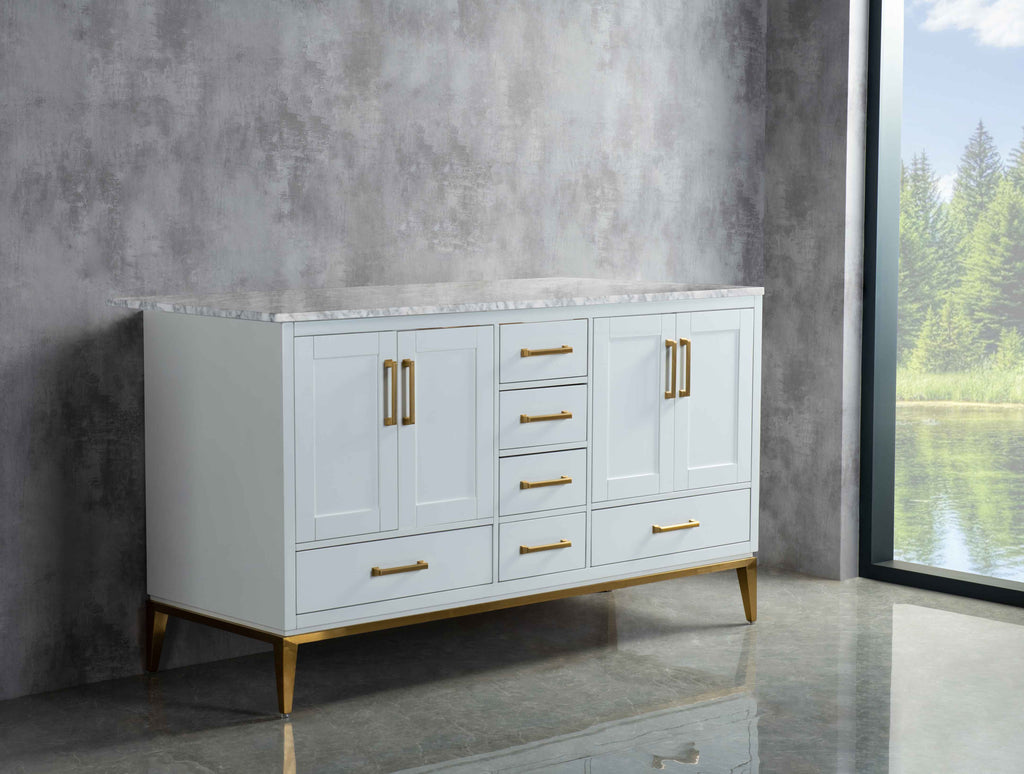 Rubeza Anatolia 1500mm Kitchen Island & Breakfast Bar with Carrara Marble Top - White & Gold