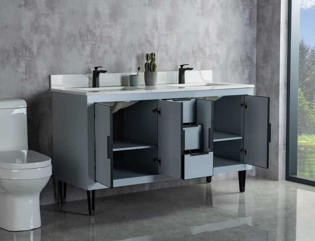 Rubeza 1500mm Dukes Vanity Unit with Calacatta Quartz Top - Light Grey & Black