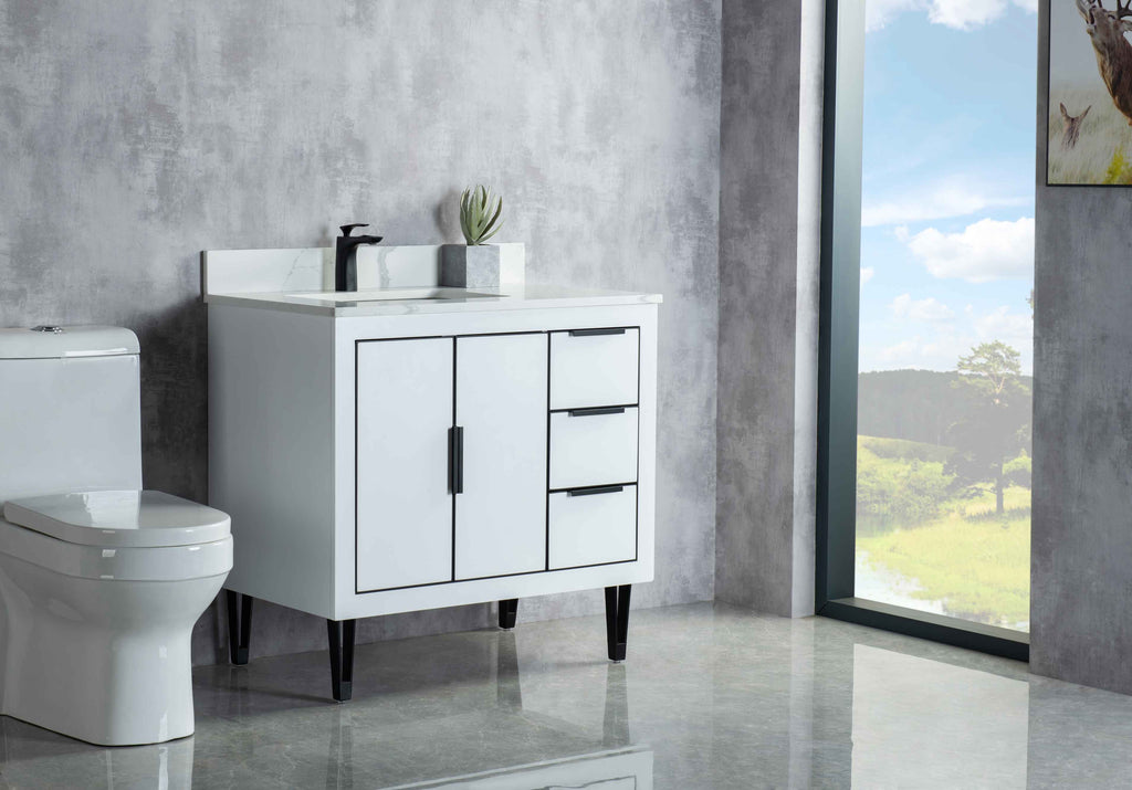 Rubeza 900mm Dukes Vanity Unit with Calacatta Quartz Top - White & Black