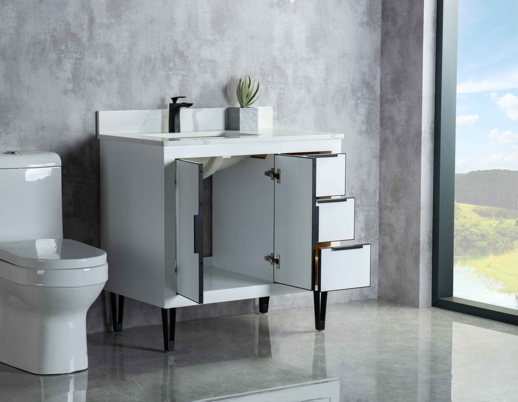 Rubeza 900mm Dukes Vanity Unit with Calacatta Quartz Top - White & Black