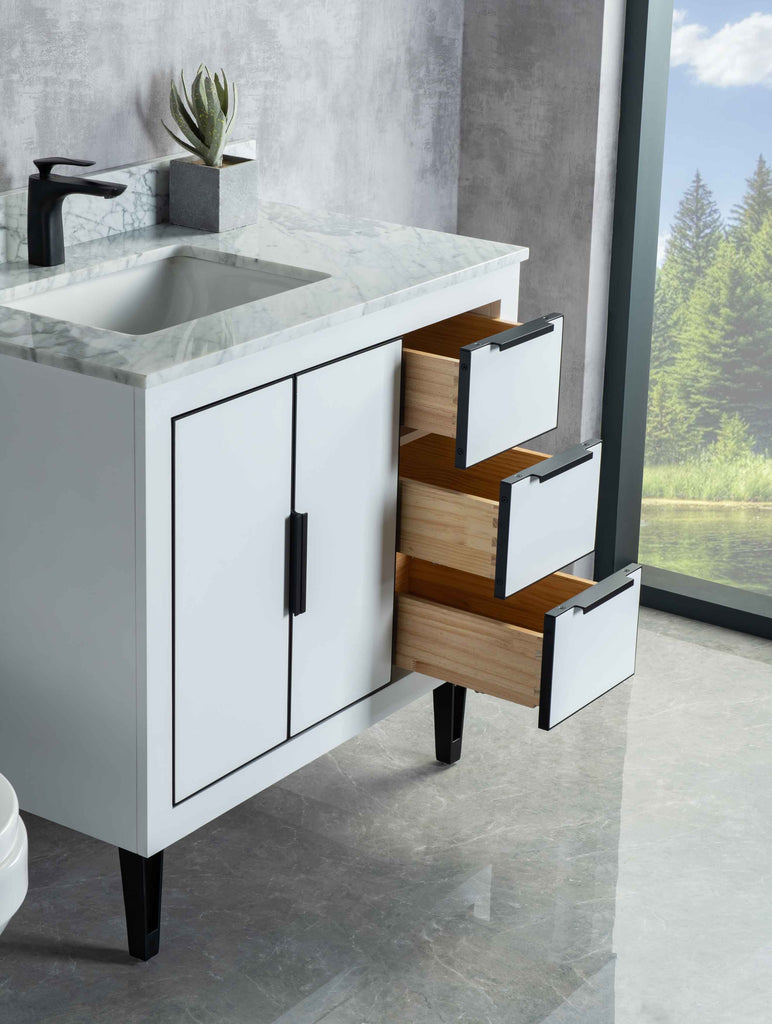 Rubeza 900mm Dukes Vanity Unit with Carrara Marble Top - White & Black