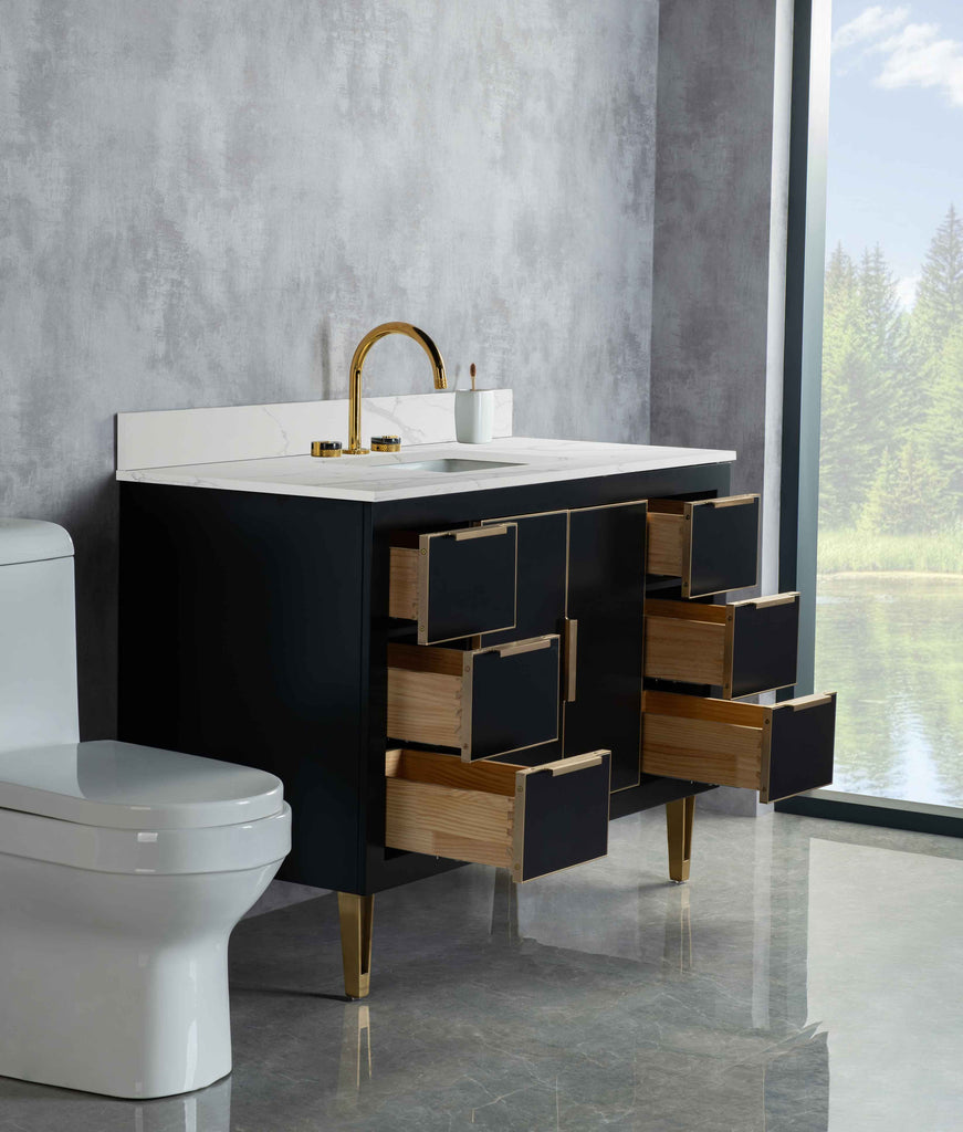 Rubeza 1200mm Dukes Vanity Unit with Calacatta Quartz Top - Black & Gold