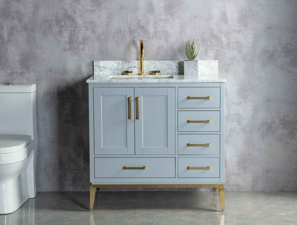 Rubeza 900mm Anatolia Vanity Unit with Carrara Marble Top - Light Grey & Gold