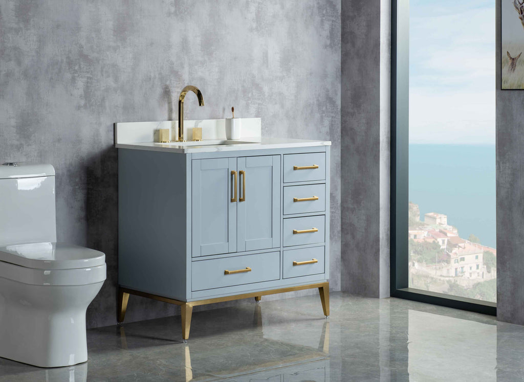 Rubeza 900mm Anatolia Vanity Unit with Calacatta Quartz Top - Light Grey & Gold