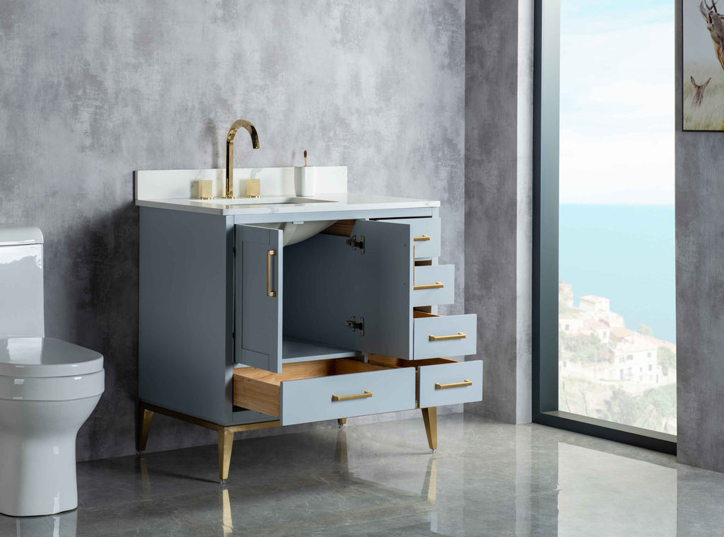 Rubeza 900mm Anatolia Vanity Unit with Calacatta Quartz Top - Light Grey & Gold