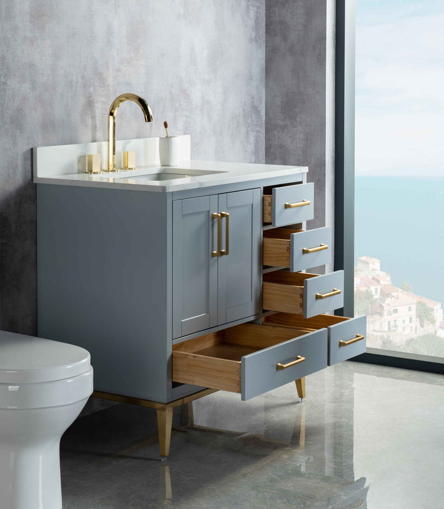 Rubeza 900mm Anatolia Vanity Unit with Calacatta Quartz Top - Light Grey & Gold