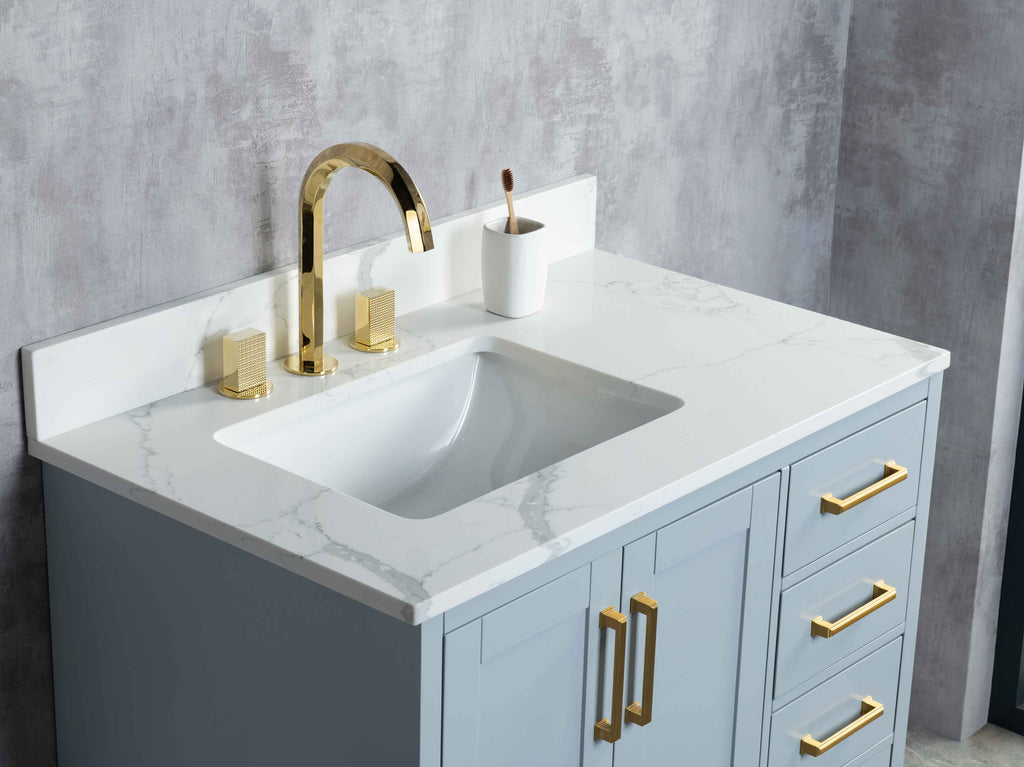 Rubeza 900mm Anatolia Vanity Unit with Calacatta Quartz Top - Light Grey & Gold