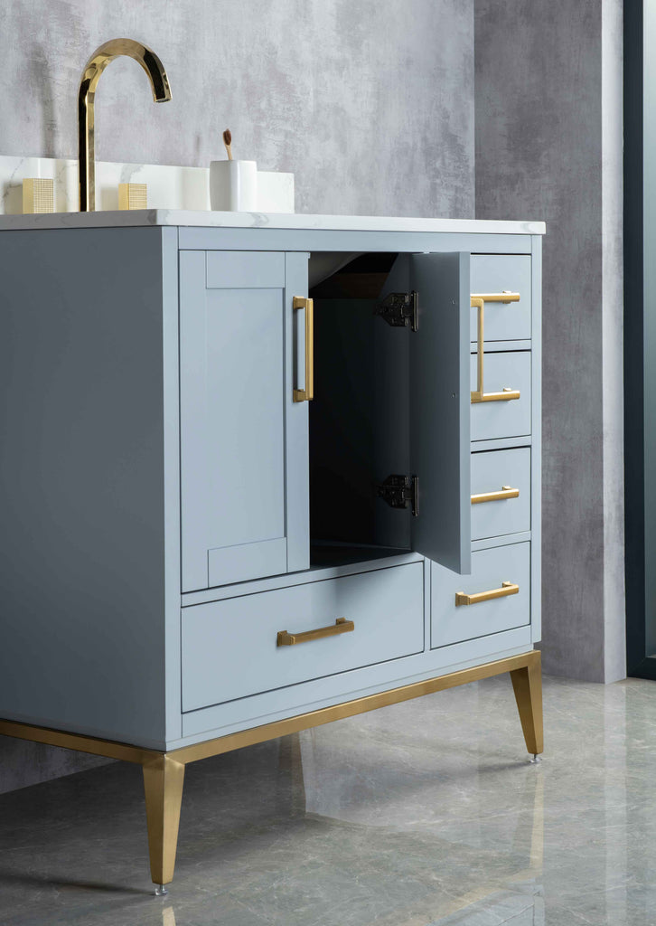 Rubeza 900mm Anatolia Vanity Unit with Calacatta Quartz Top - Light Grey & Gold